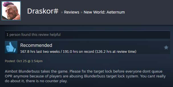 Screenshot of the story called A New World: Aeternum, according to Steam Reviews